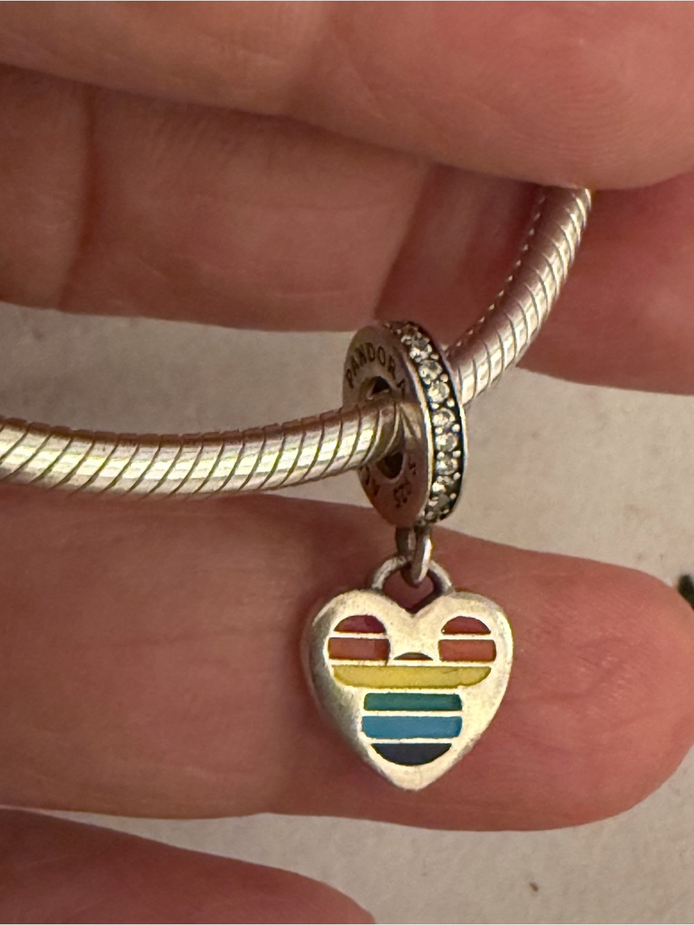 Pandora Silver Heart Charm with Rainbow Enamel Stripes